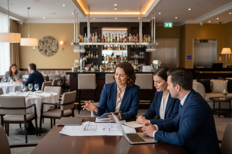 faca outra imagem parecendo um consultor especializado em desenvolvimento e operacional de com um cenario de bar restaurnte e um pequeno hotel no fundo conversando com clientes 